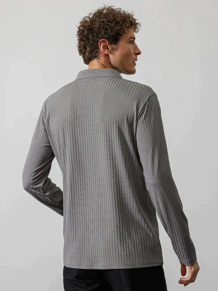 Zipper Stripe Lang Ärmel Polo Hemd