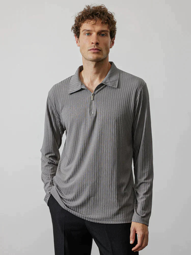 Zipper Stripe Lang Ärmel Polo Hemd