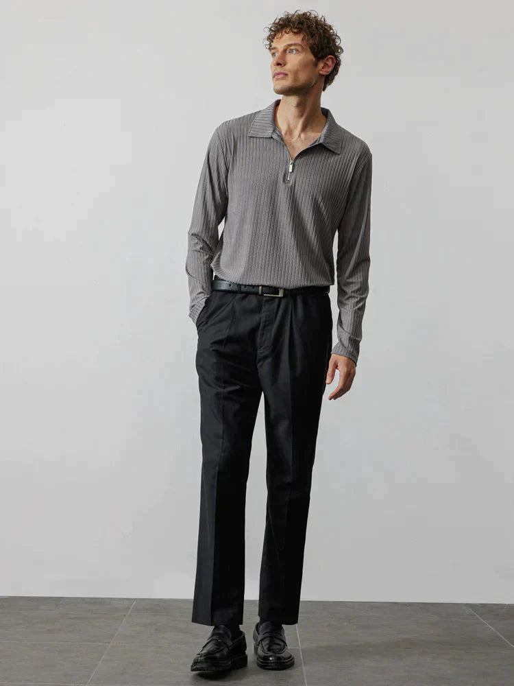 Zipper Stripe Lang Ärmel Polo Hemd