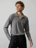 Zipper Stripe Lang Ärmel Polo Hemd
