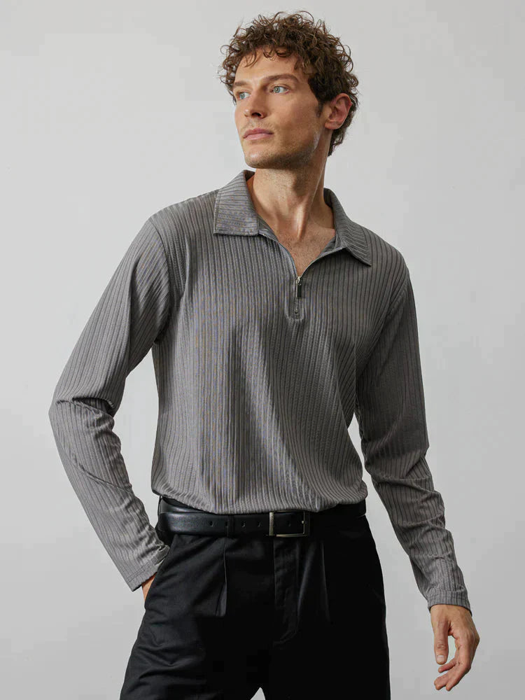 Zipper Stripe Lang Ärmel Polo Hemd