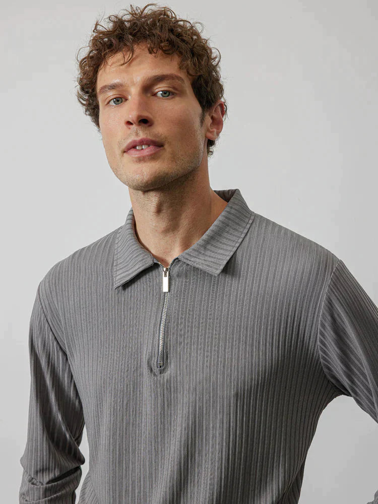 Zipper Stripe Lang Ärmel Polo Hemd