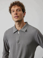 Zipper Stripe Lang Ärmel Polo Hemd