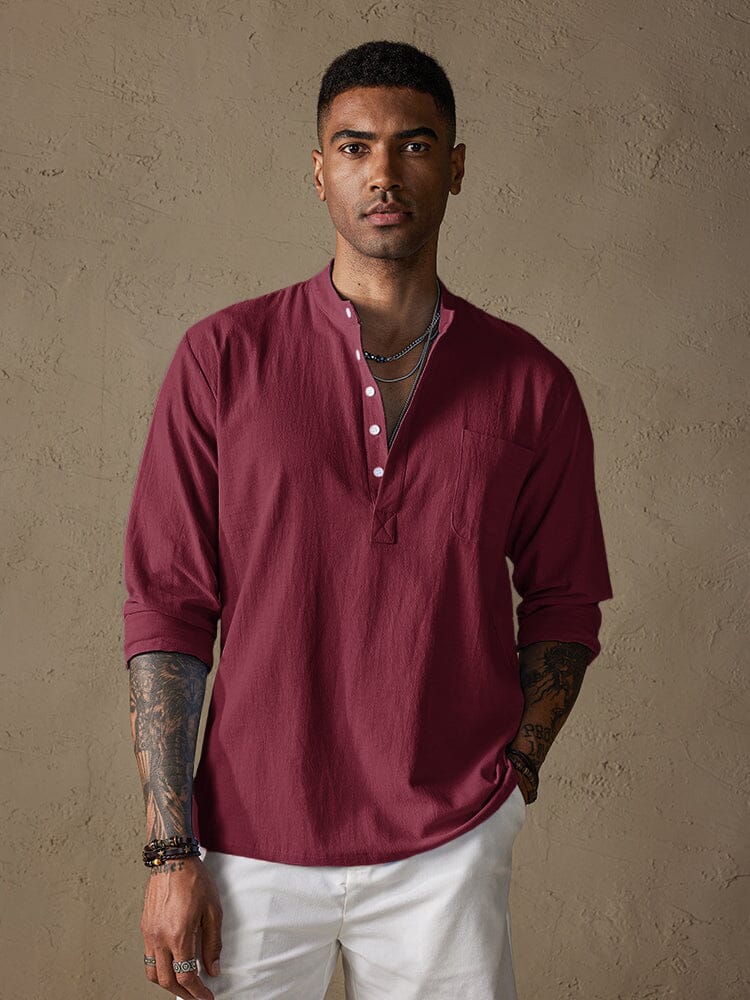 Leinen V-neck Strand Lang-sleeved Hemd