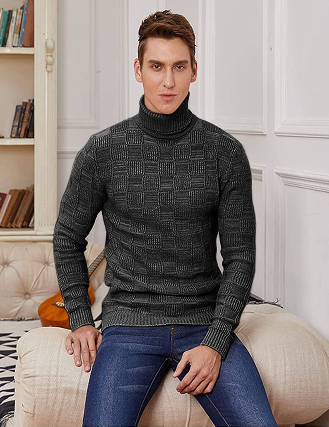 Men's Strick Rollkragen Pullover Plaid Stehkragen Lang Ärmel Pullover