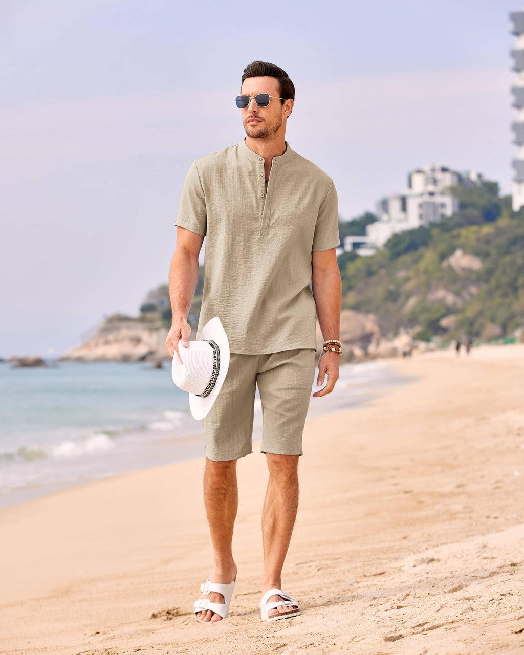 Casual 2 Teile Baumwolle Leinen Henley Hemd Set