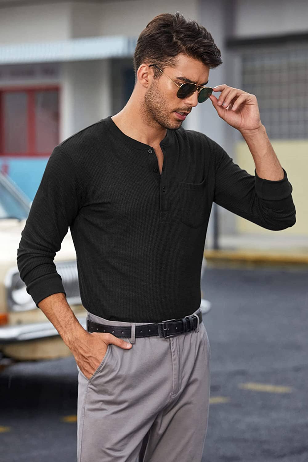 Basic Waffle Pullover Lang Ärmel T-Hemd