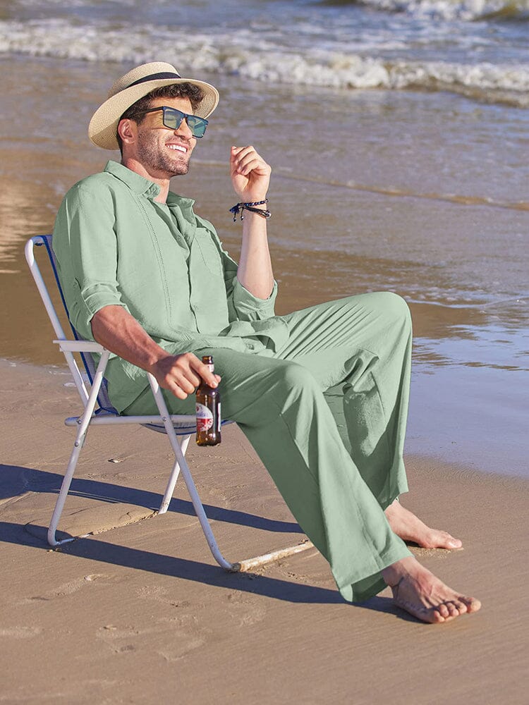 2 Teil Leinen Stil Lang Ärmel Strand Urlaub Outfits