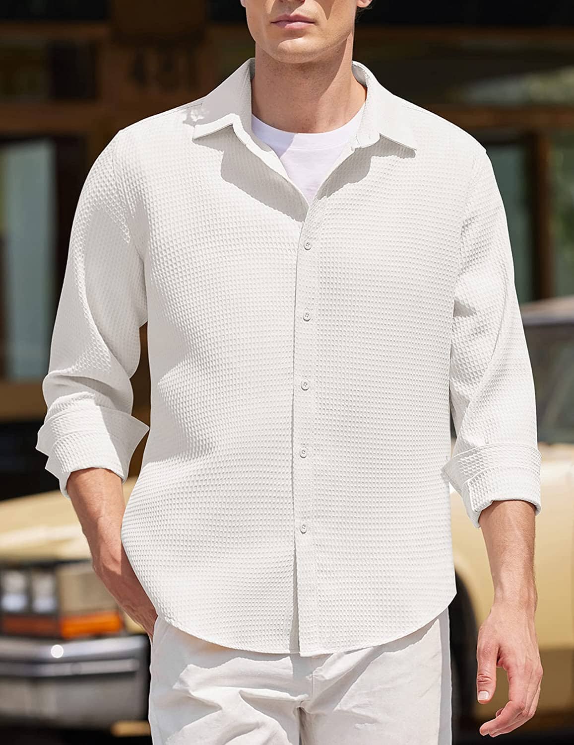 Casual Waffle Knopf Down Wrinkle Free Hemd