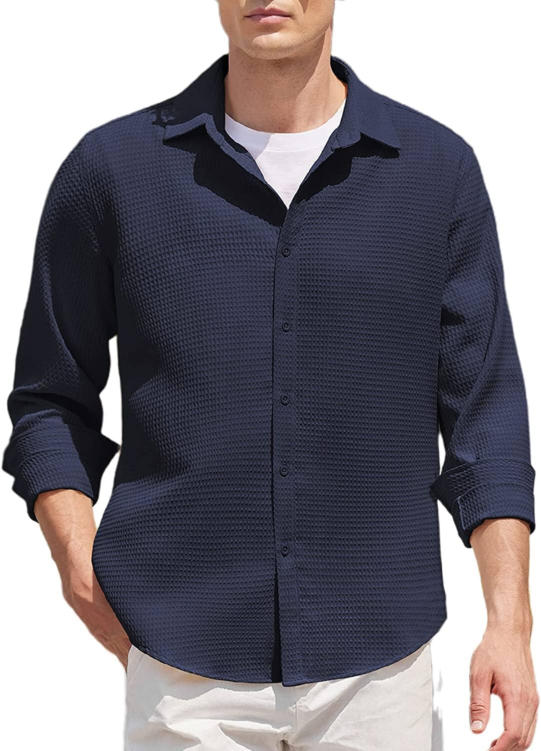 Casual Waffle Knopf Down Wrinkle Free Hemd