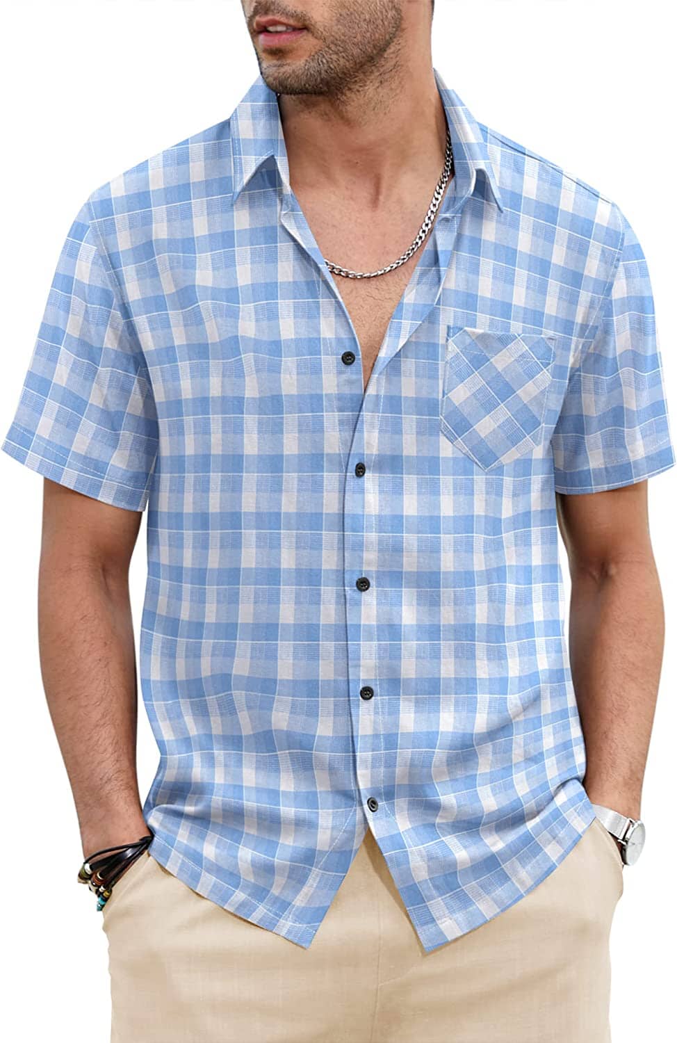 Klassisch Kurz Ärmel Plaid Baumwolle Hemden with Pocket