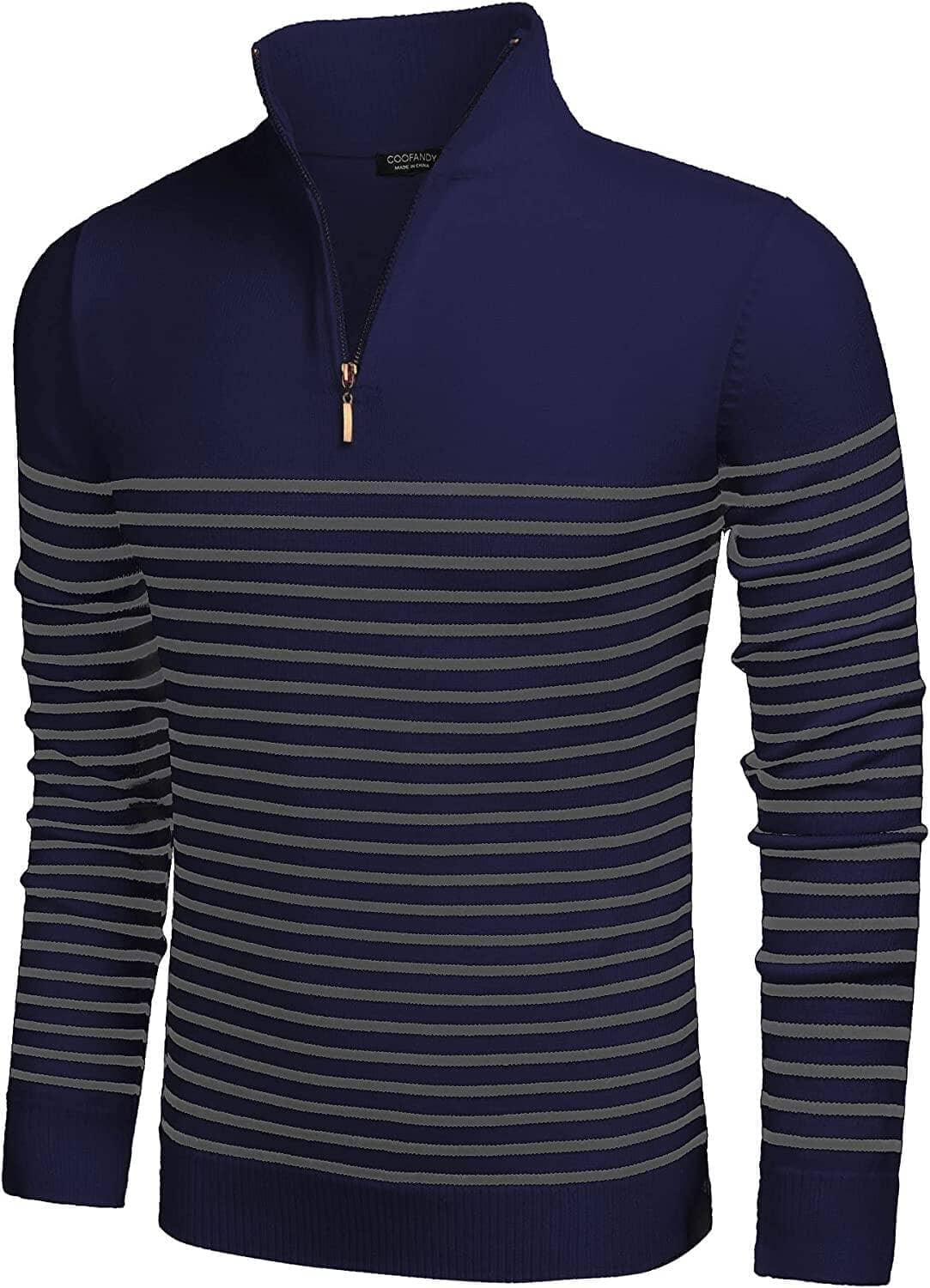 Gestreift Zip Up Mock Neck Pullover Pullover