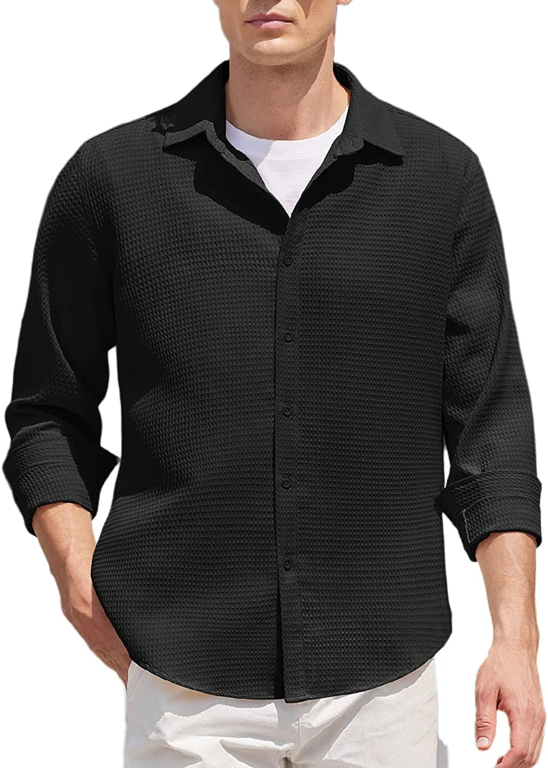 Casual Waffle Knopf Down Wrinkle Free Hemd