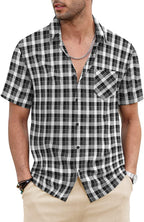 Klassisch Kurz Ärmel Plaid Baumwolle Hemden with Pocket