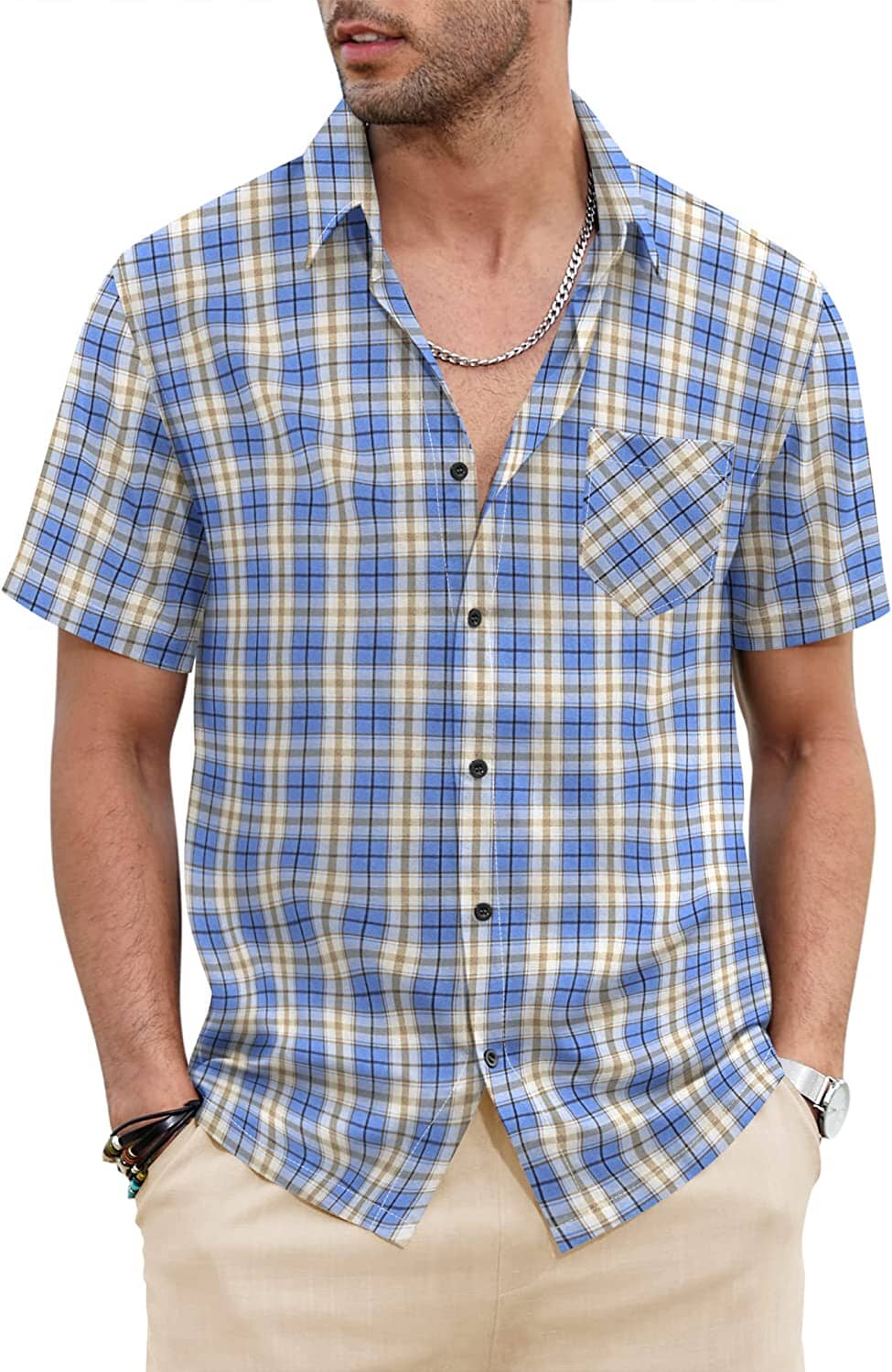Klassisch Kurz Ärmel Plaid Baumwolle Hemden with Pocket