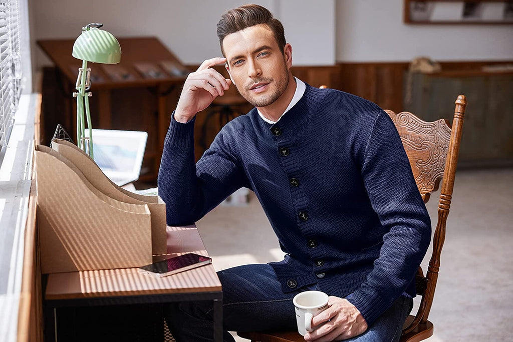 Stand Kragen Knopf Down Strick Cardigan with Pockets