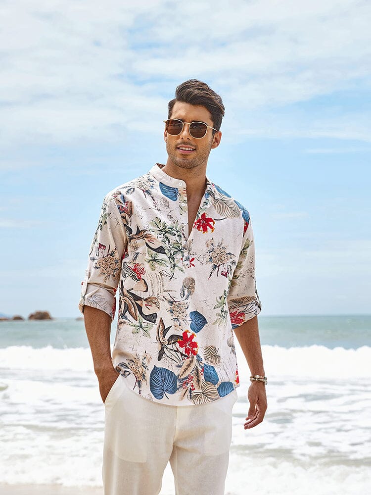 Baumwolle Leinen Blumen Henley Hemd