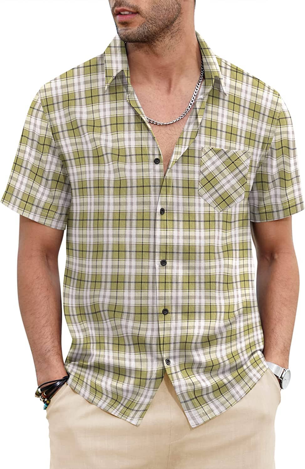 Klassisch Kurz Ärmel Plaid Baumwolle Hemden with Pocket