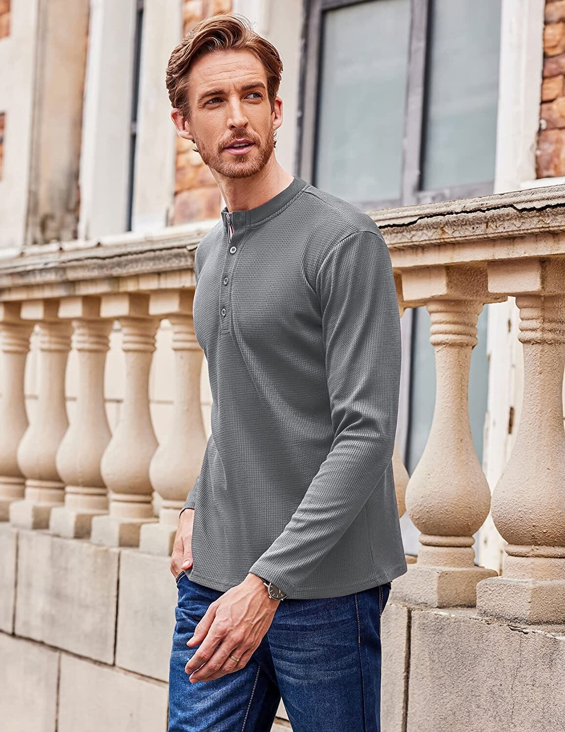 Lang Ärmel Waffle Henley Hemden