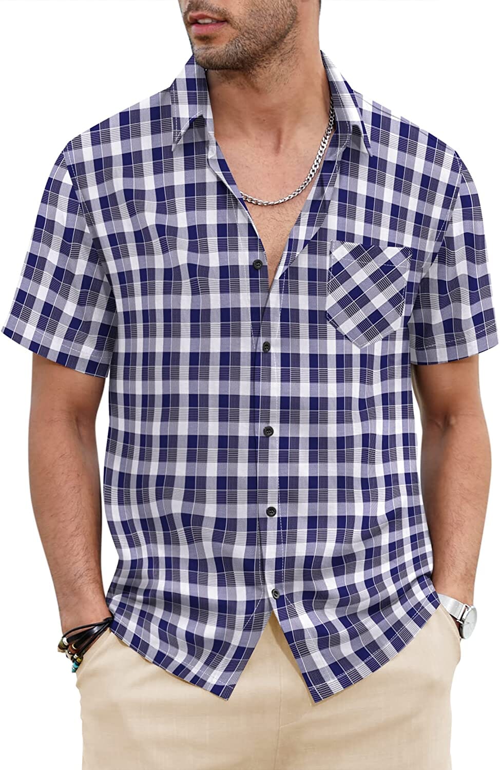 Klassisch Kurz Ärmel Plaid Baumwolle Hemden with Pocket