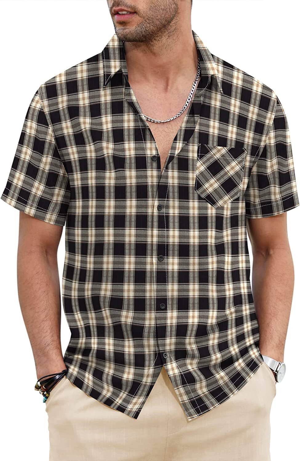 Klassisch Kurz Ärmel Plaid Baumwolle Hemden with Pocket