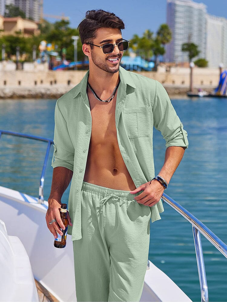 2 Teil Leinen Stil Lang Ärmel Strand Urlaub Outfits