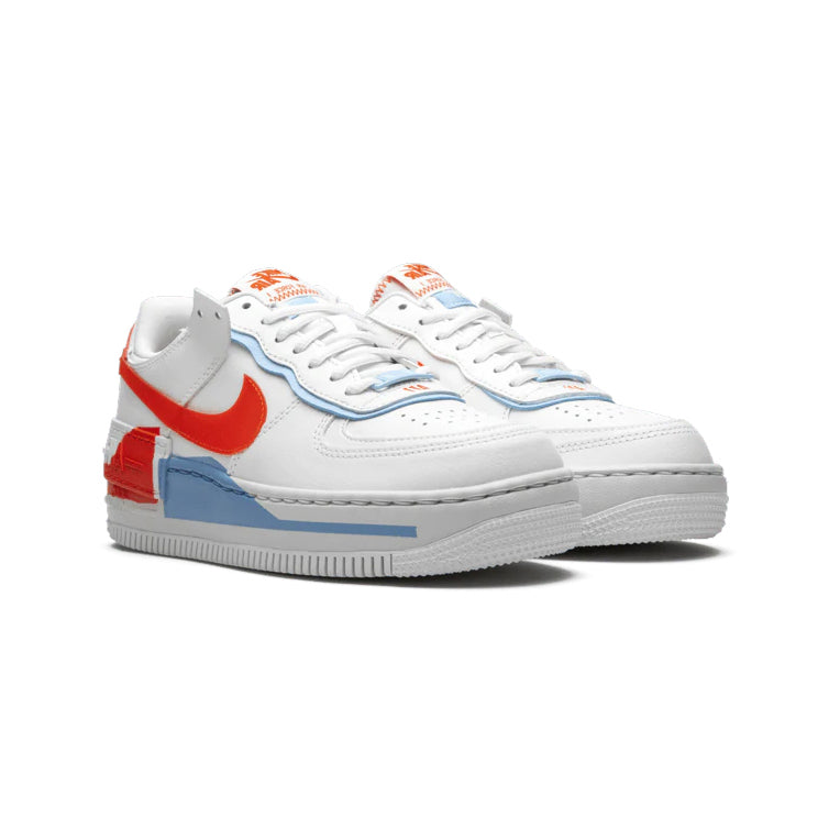 Nike Air Force 1 Low Shadow Weiß mit Swoosh Orange und Blau