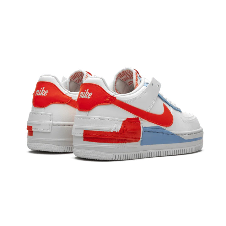 Nike Air Force 1 Low Shadow Weiß mit Swoosh Orange und Blau