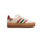 Adidas Gazelle Bold Schuhe Beige mit Details Grün und Rot Damen Platform Retro