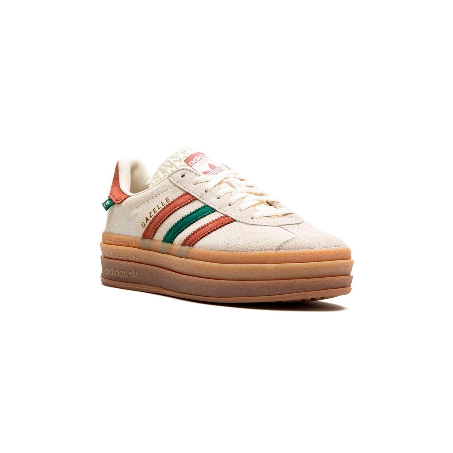 Adidas Gazelle Bold Schuhe Beige mit Details Grün und Rot Damen Platform Retro