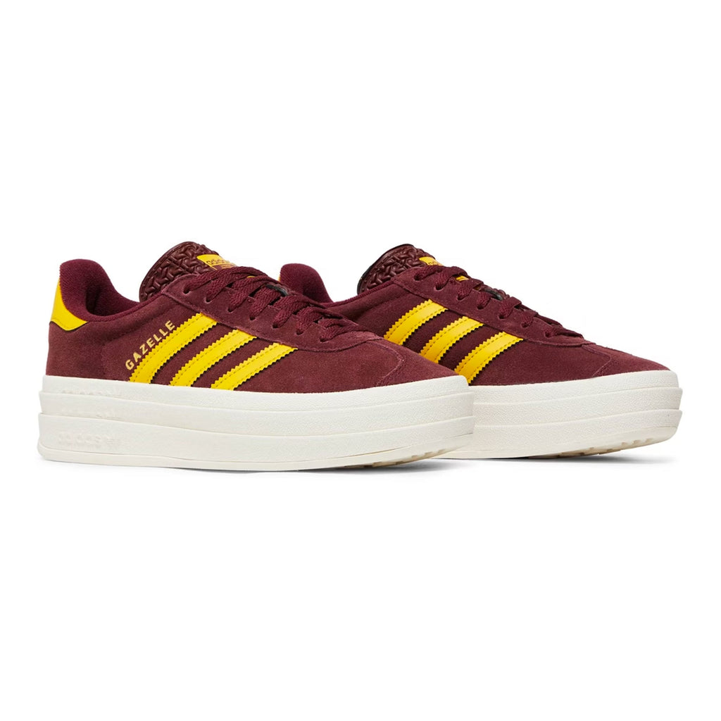 Adidas Gazelle Bold Schuhe Bordeaux mit Strisce Gold Damen Platform Vintage