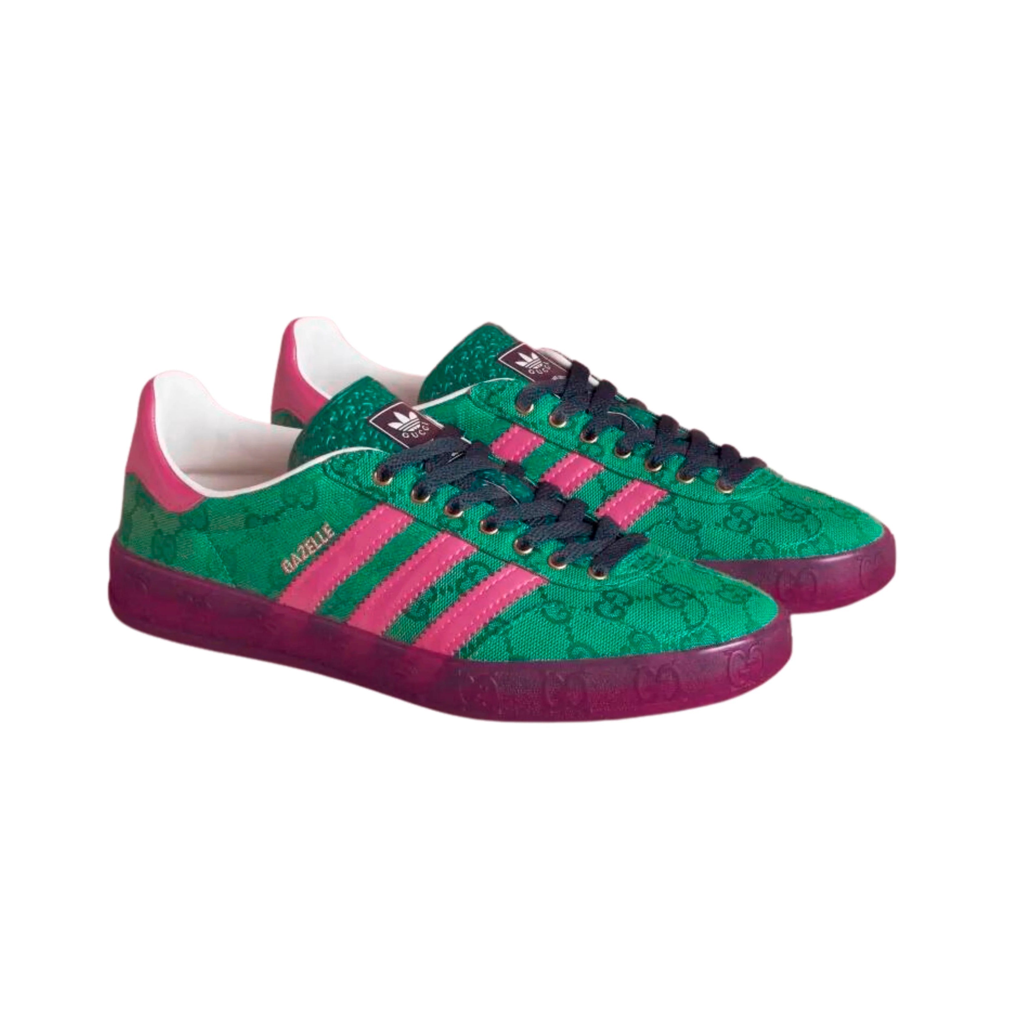 Sneaker Adidas Gazelle x Gucci Grün mit Monogramma GG und Details Rosa