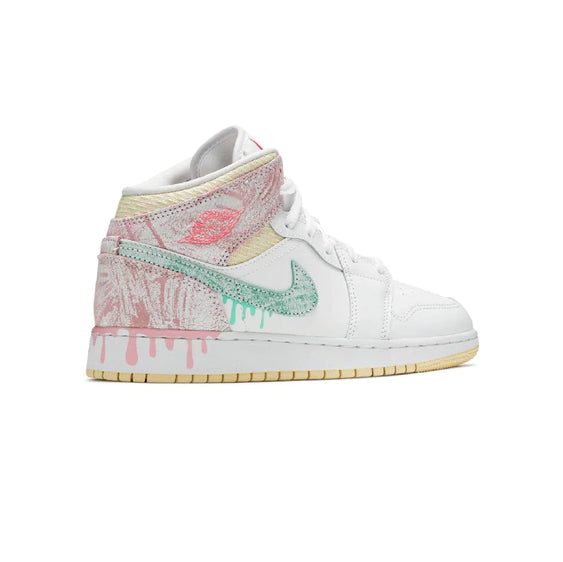Nike Air Jordan 1 Mid Weiß Rosa Grün Paint Drip Retro