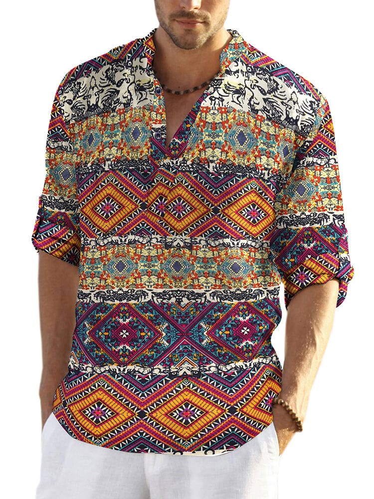 Baumwolle Leinen Blumen Henley Hemd