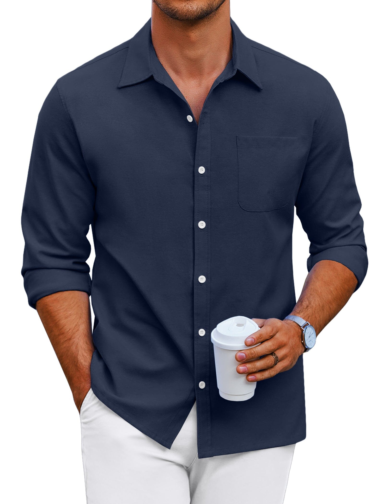 Klassisch Uni Lang Ärmel Knopf Hemd with Chest Pocket