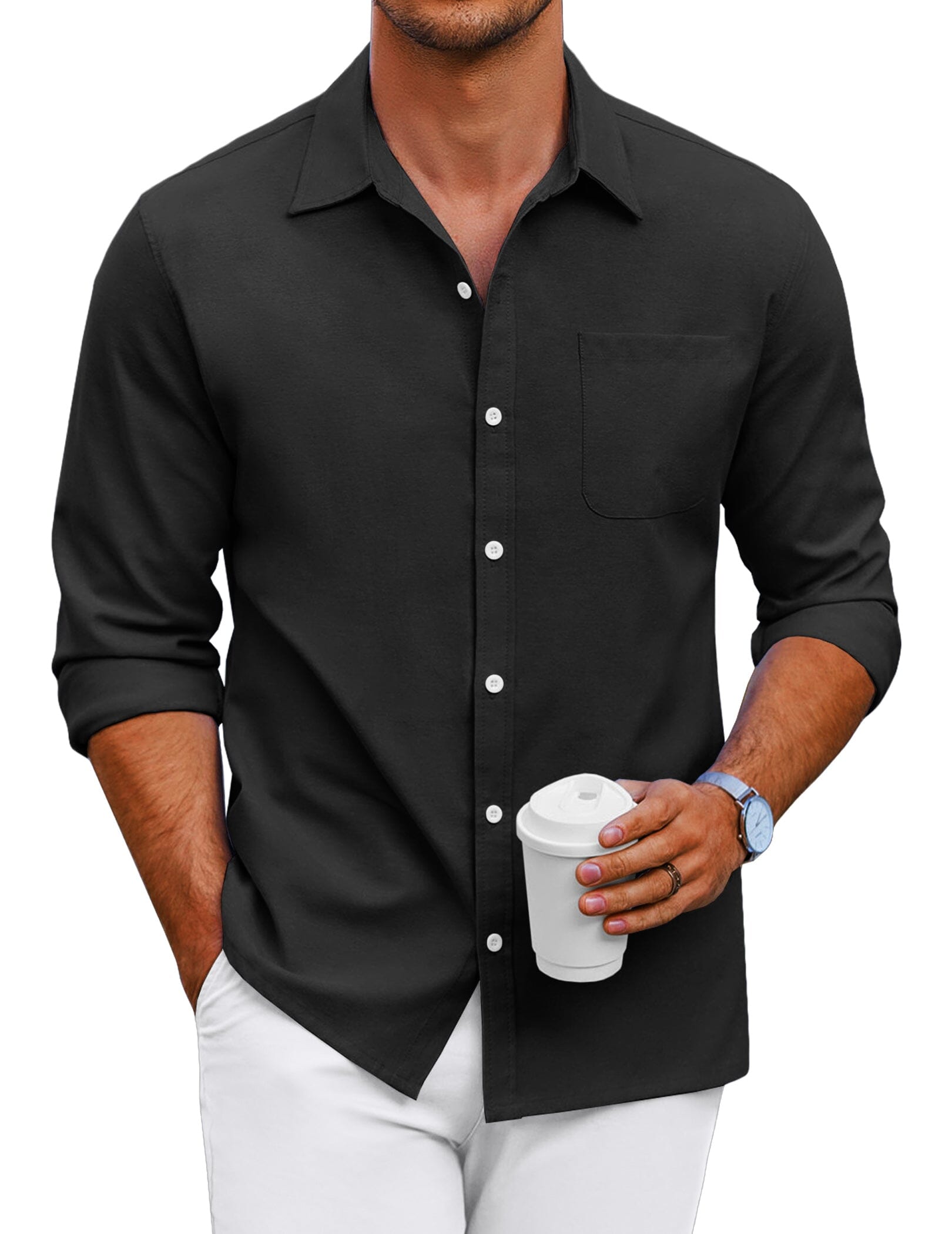 Klassisch Uni Lang Ärmel Knopf Hemd with Chest Pocket