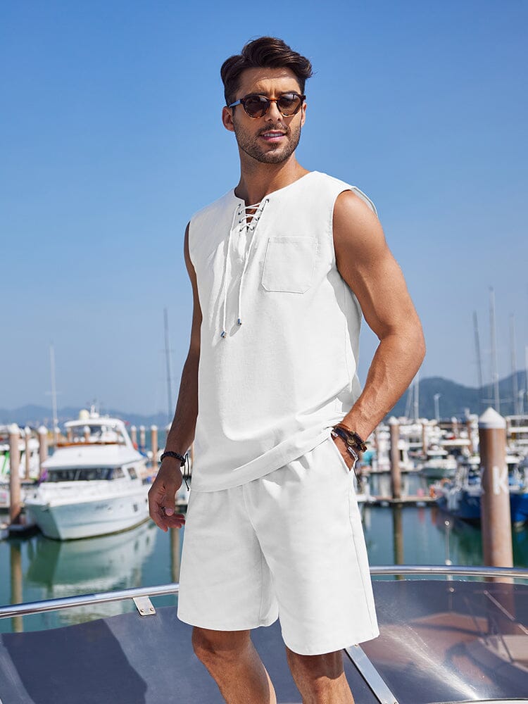 Casual 2 Teil Leinen Drawstring Tank Top Sets
