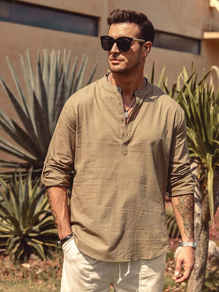 Baumwolle Leinen Stil Henley Hemd
