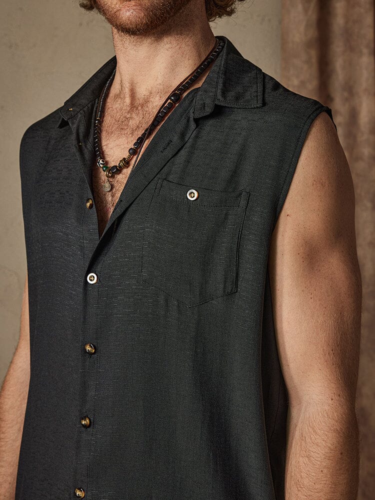 Uni Knopf Sleeveless Baumwolle Leinen Casual Hemd