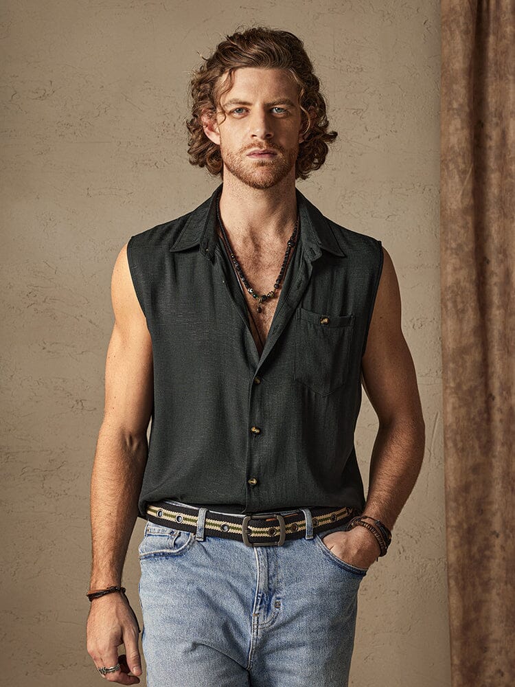 Uni Knopf Sleeveless Baumwolle Leinen Casual Hemd