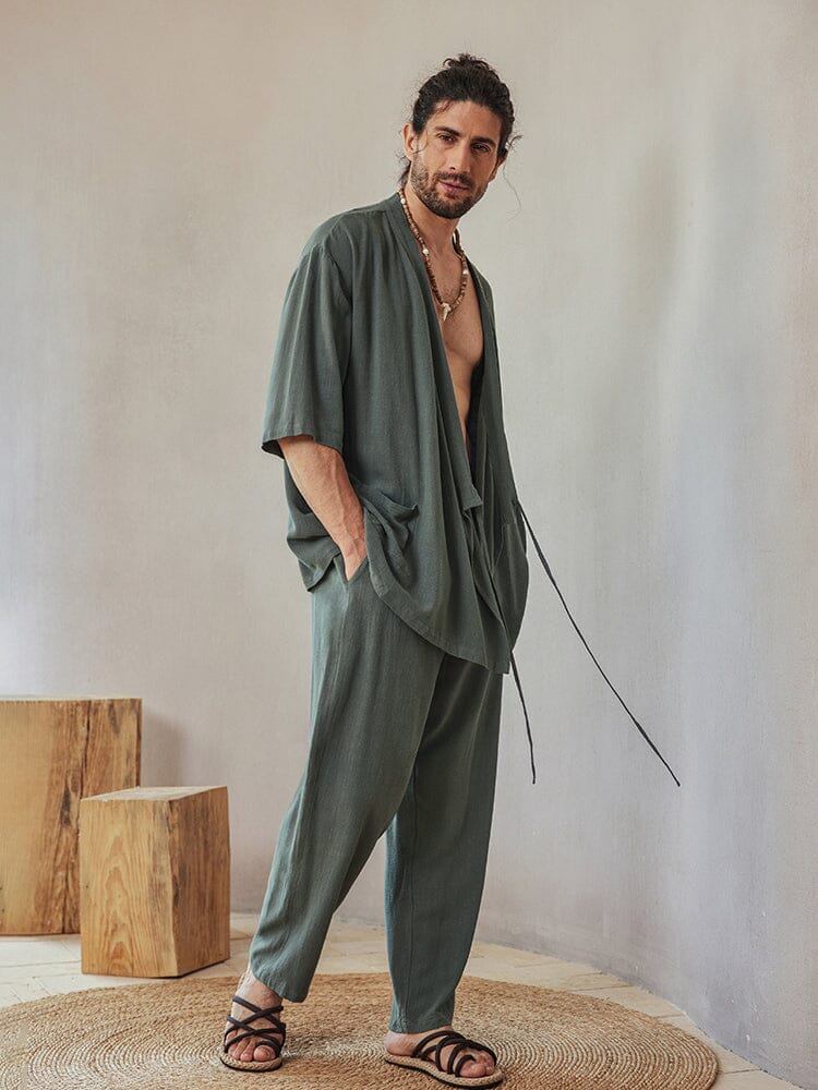 Casual Leinen Blend Hemd Set