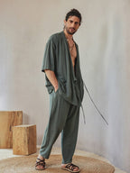 Casual Leinen Blend Hemd Set