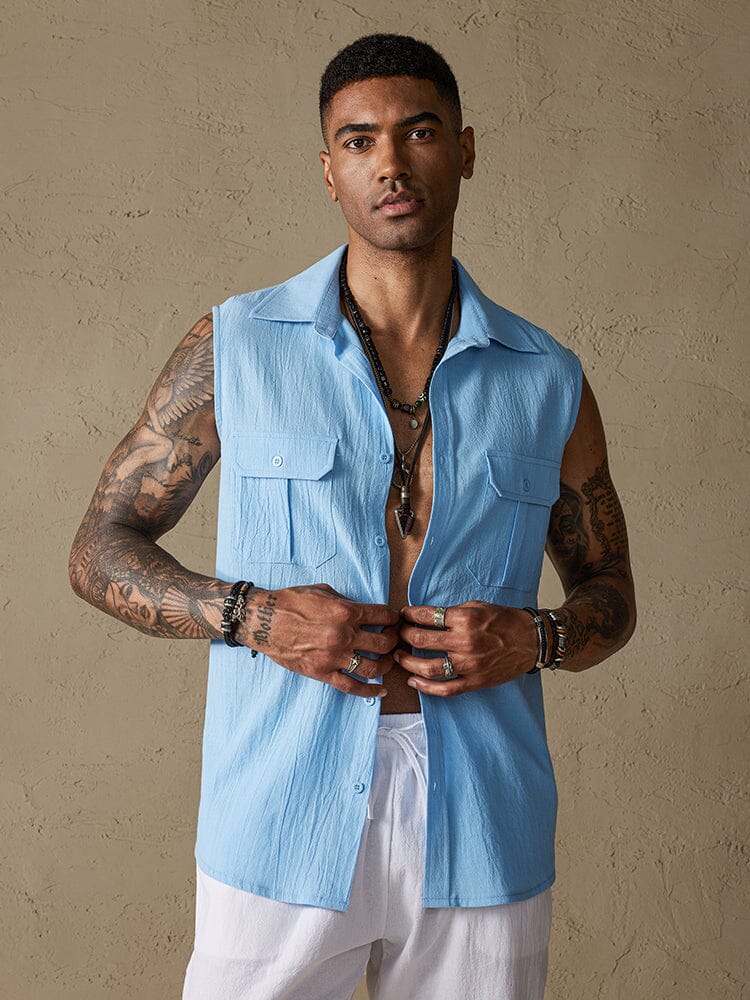 Baumwolle Leinen Sleeveless Knopf Hemd with Pockets