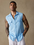 Baumwolle Leinen Sleeveless Knopf Hemd with Pockets