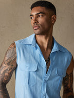 Baumwolle Leinen Sleeveless Knopf Hemd with Pockets