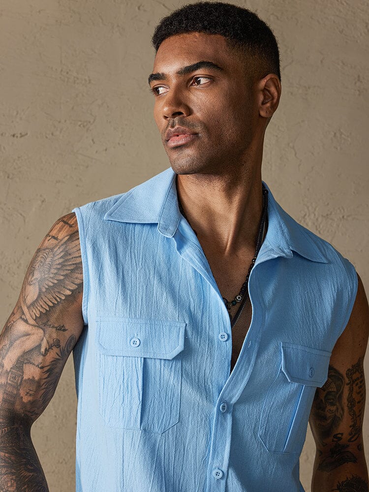 Baumwolle Leinen Sleeveless Knopf Hemd with Pockets