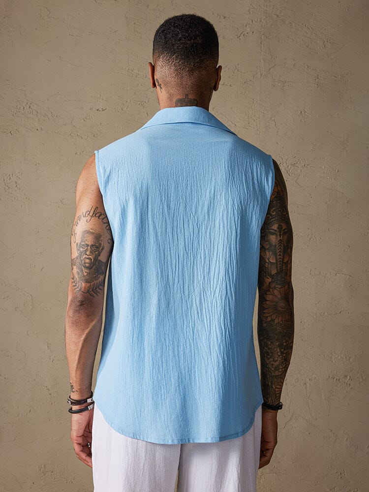 Baumwolle Leinen Sleeveless Knopf Hemd with Pockets