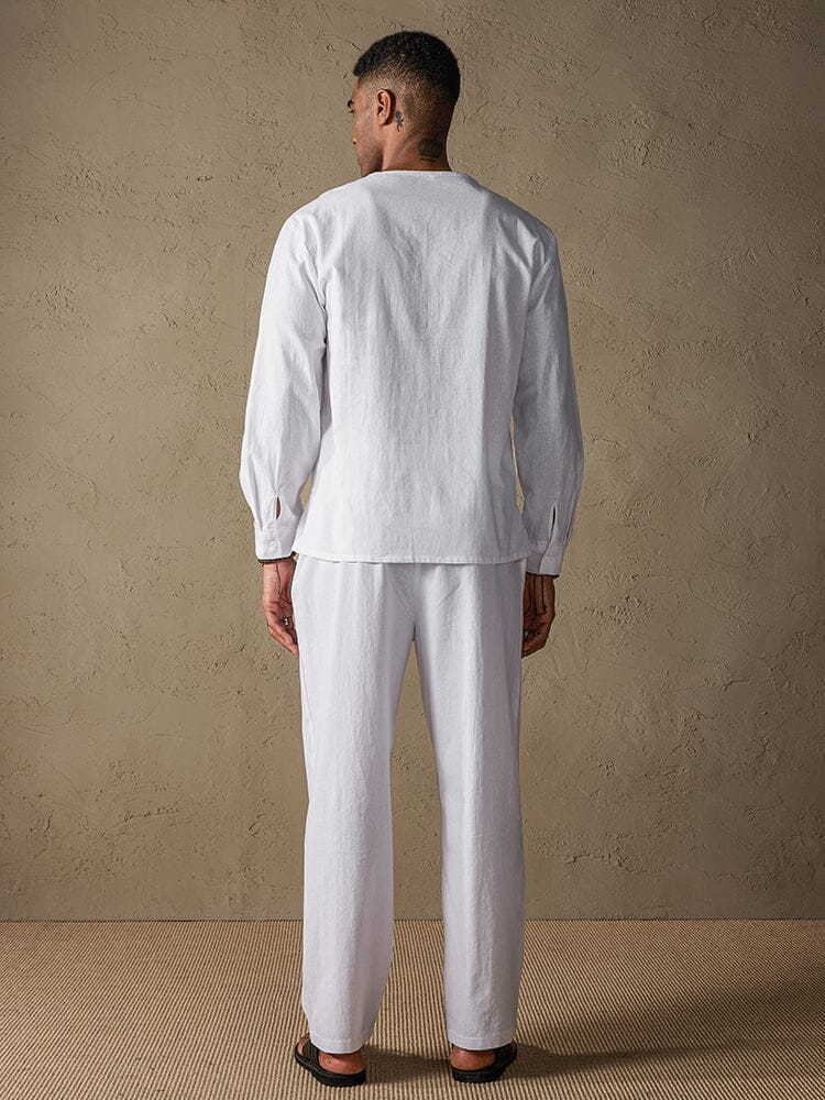 Uni Color Lang Ärmel Casual Baumwolle Leinen Set