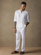 Uni Color Lang Ärmel Casual Baumwolle Leinen Set