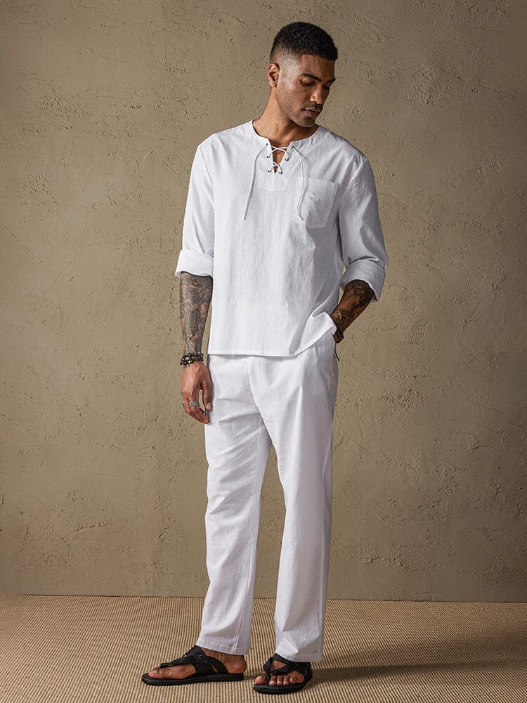 Uni Color Lang Ärmel Casual Baumwolle Leinen Set